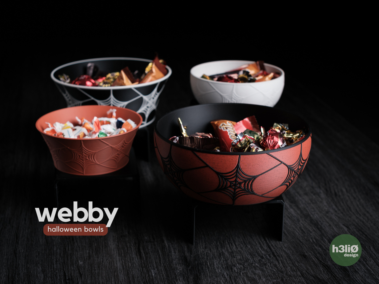 Cuencos de caramelos para Halloween impresos en 3D con diseño de telaraña, colección WEBBY